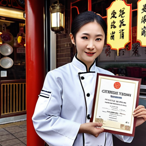 Home 11 A Chinese restaurant owner proudly displaying their culinary certificate, symbolizing the foundation for their entrepreneurial journey. They are wearing a chef's coat in front of a Chinese restaurant storefront.
