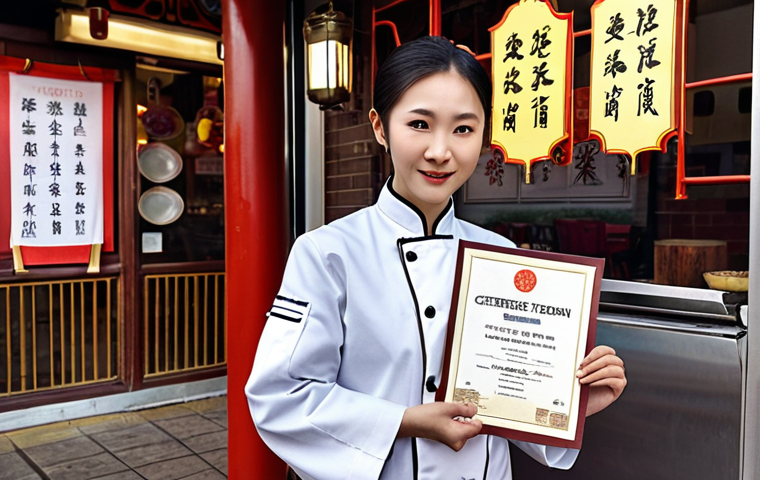 A Chinese restaurant owner proudly displaying their culinary certificate, symbolizing the foundation for their entrepreneurial journey. They are wearing a chef's coat in front of a Chinese restaurant storefront.