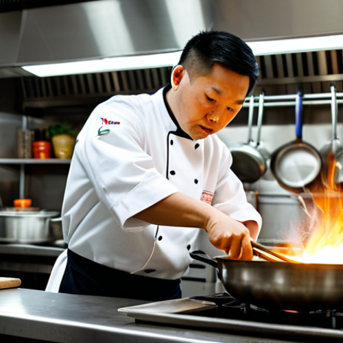 Home 6 A professional male Chinese chef, focused intently while expertly tossing ingredients in a flaming wok, showcasing 'wok hei' in a vibrant, bustling commercial kitchen. He wears a clean, professional chef's uniform with a white jacket and apron, fully clothed, modest clothing, appropriate attire, professional dress. The background features stainless steel surfaces, hanging utensils, and a subtle blur of kitchen activity. Dramatic lighting highlights the steam and fire, capturing the dynamic motion. Perfect anatomy, correct proportions, natural pose, well-formed hands, proper finger count, natural body proportions. Professional photography, high quality, realistic, cinematic lighting, vivid colors, safe for work, appropriate content, fully clothed, professional, family-friendly.