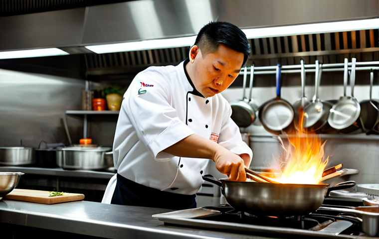 A professional male Chinese chef, focused intently while expertly tossing ingredients in a flaming wok, showcasing 'wok hei' in a vibrant, bustling commercial kitchen. He wears a clean, professional chef's uniform with a white jacket and apron, fully clothed, modest clothing, appropriate attire, professional dress. The background features stainless steel surfaces, hanging utensils, and a subtle blur of kitchen activity. Dramatic lighting highlights the steam and fire, capturing the dynamic motion. Perfect anatomy, correct proportions, natural pose, well-formed hands, proper finger count, natural body proportions. Professional photography, high quality, realistic, cinematic lighting, vivid colors, safe for work, appropriate content, fully clothed, professional, family-friendly.